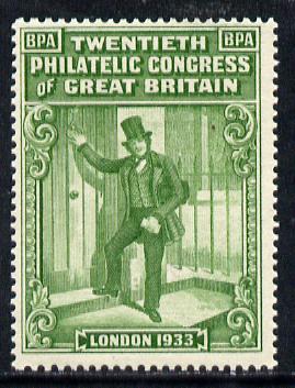 Cinderella - Great Britain 1933 BPA label in green to mark the 20th Philatelic Congress (showing Postman) unmounted mint, stamps on postal, stamps on  kg5 , stamps on cinderella, stamps on postman