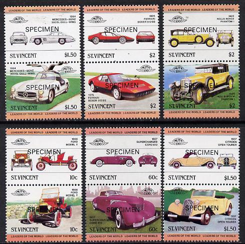 St Vincent 1984 Cars #1 (Leaders of the World) set of 12 opt'd SPECIMEN unmounted mint, as SG 727-38, stamps on cars    cord    rolls royce    mercedes    ferrari     citroen     ford