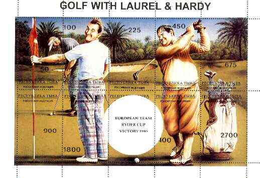 Touva 1995 Golf with Laurel & Hardy composite sheet containing complete perf set of 10 overprinted with large white golf ball and 'European Team Ryder Cup Victory 1995' in black unmounted mint, stamps on entertainments, stamps on golf, stamps on sport, stamps on clocks