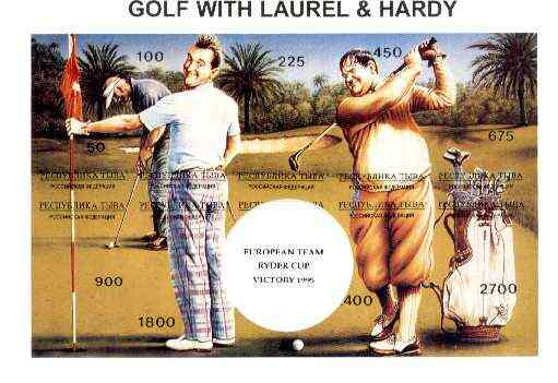Touva 1995 Golf with Laurel & Hardy composite sheet containing complete imperf set of 10 overprinted with large white golf ball and 'European Team Ryder Cup Victory 1995' in black unmounted mint, stamps on entertainments, stamps on golf, stamps on sport, stamps on clocks