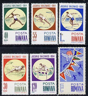 Rumania 1964 Balkan Games set of 6 unmounted mint, SG 3165-70, Mi 2299-2304, stamps on sport, stamps on jump, stamps on javelin, stamps on flags, stamps on running, stamps on discus, stamps on hurdles