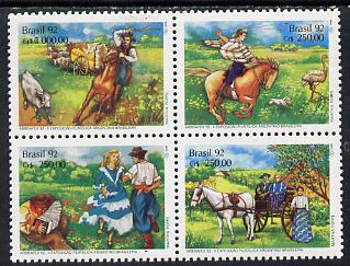 Brazil 1992 Abrafex 92 Stamp Exhibition se-tenant block of 4 unmounted mint, SG 2521-24, stamps on horses, stamps on dancing, stamps on hunting, stamps on farming, stamps on stamp exhibitions, stamps on cattle
