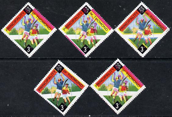Thomond 1960 Hurling 3d (Diamond-shaped) four singles showing progressive shifts from 4 printings, misplaced by 1mm x 2, 2mm & 4mm all unmounted mint, stamps on hurling   sport