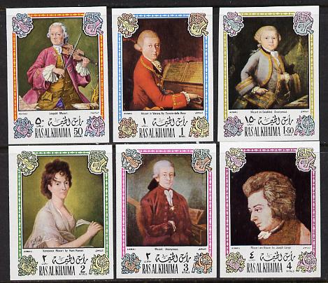 Ras Al Khaima 1972 Portraits of Mozart  imperf set of 6 unmounted mint (Mi 642-47B) , stamps on arts, stamps on music, stamps on personalities, stamps on composers, stamps on masonics, stamps on personalities, stamps on mozart, stamps on music, stamps on composers, stamps on masonics, stamps on masonry