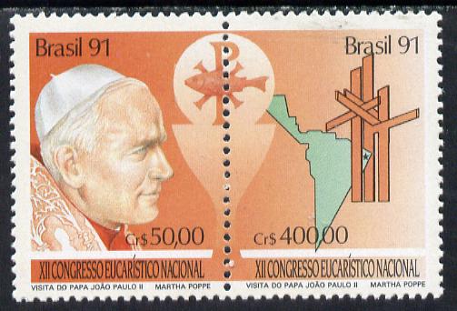 Brazil 1991 Papal Visit se-tenant set of 2 unmounted mint, SG 2494-95, stamps on maps    religion     personalities   pope    