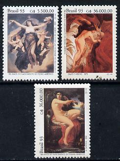 Brazil 1993 Birth Anniversary of Pedro Americo (Painter) set of 3 unmounted mint, SG 2572-74*, stamps on arts    nudes