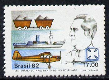 Brazil 1982 Henrique Lage (Industrialist) unmounted mint SG 1942*, stamps on aviation, stamps on industry, stamps on ships, stamps on mining