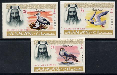 Ajman 1965 Birds imperf set of 3 from Official set unmounted mint SG O70-72var , stamps on birds    falcon    stork    gull    birds of prey