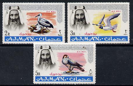 Ajman 1965 Birds perf set of 3 from Air Mail set unmounted mint SG 61-63var, stamps on birds    falcon    stork    gull    birds of prey