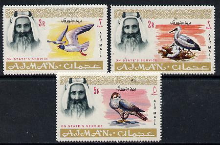 Ajman 1965 Birds perf set of 3 from 'Official' set unmounted mint SG O70-72var , stamps on , stamps on  stamps on birds      stork    gull     falcon    birds of prey