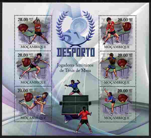 Mozambique 2010 Table Tennis Players (female) perf sheetlet containing 6 values unmounted mint, stamps on sport, stamps on table tennis, stamps on women