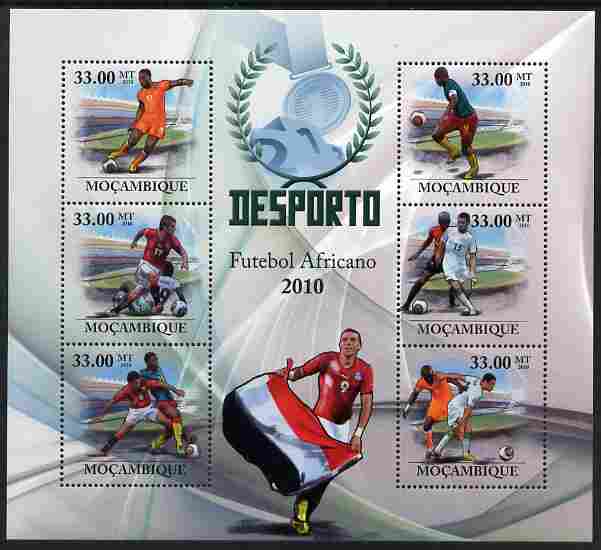 Mozambique 2010 African Football Players perf sheetlet containing 6 values unmounted mint, stamps on football