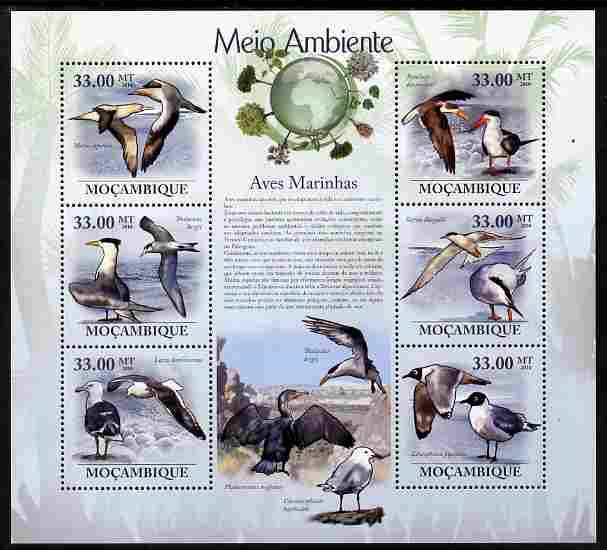 Mozambique 2010 The Environment - Sea Birds perf sheetlet containing 6 values unmounted mint Michel 3495-3500, stamps on birds, stamps on environment