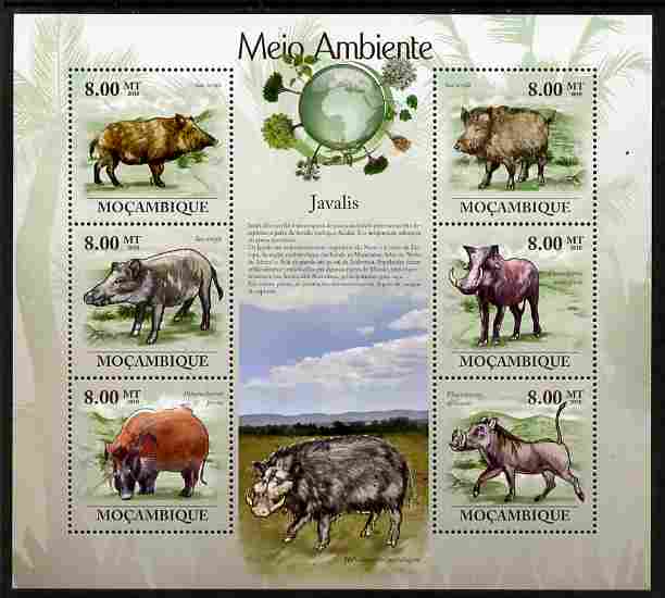Mozambique 2010 The Environment - Boars perf sheetlet containing 6 values unmounted mint Michel 3536-41, stamps on animals, stamps on pigs, stamps on swine, stamps on environment