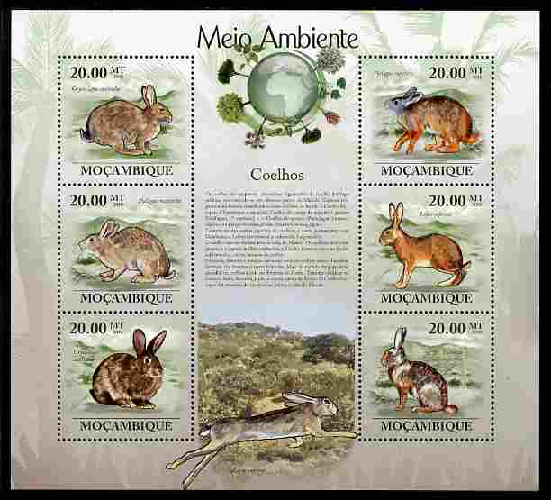 Mozambique 2010 The Environment - Rabbits perf sheetlet containing 6 values unmounted mint Michel 3548-53, stamps on animals, stamps on rabbits, stamps on environment