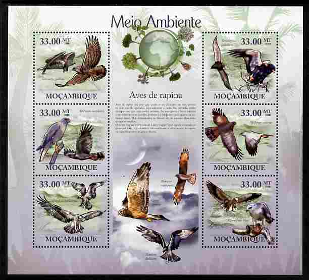 Mozambique 2010 The Environment - Raptors perf sheetlet containing 6 values unmounted mint Michel 3501-06, stamps on birds, stamps on birds of prey, stamps on environment