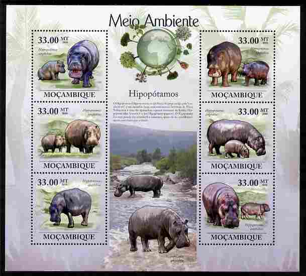 Mozambique 2010 The Environment - Hippos perf sheetlet containing 6 values unmounted mint Michel 3596-3601, stamps on animals, stamps on hippos, stamps on environment