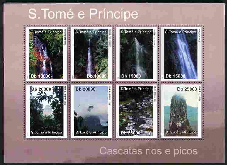St Thomas & Prince Islands 2010 Rivers & Waterfalls perf sheetlet containing 8 values unmounted mint , stamps on rivers, stamps on waterfalls
