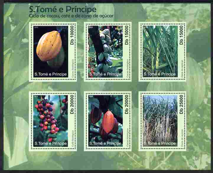 St Thomas & Prince Islands 2010 Coffee, Cocoa & Sugar Cane perf sheetlet containing 6 values unmounted mint , stamps on food, stamps on coffee, stamps on drink, stamps on cocoa, stamps on sugar