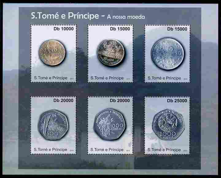 St Thomas & Prince Islands 2010 Currency ofSt Thomas - Coins #1 perf sheetlet containing 4 values unmounted mint , stamps on coins