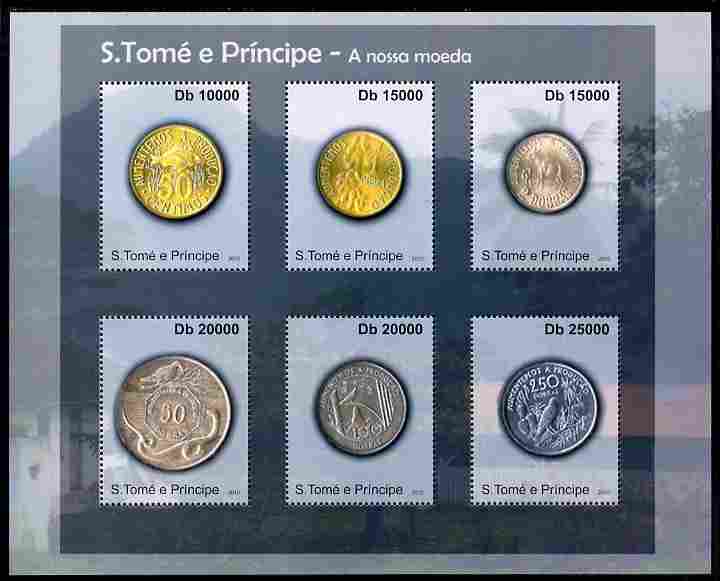 St Thomas & Prince Islands 2010 Currency ofSt Thomas - Coins #2 perf sheetlet containing 4 values unmounted mint , stamps on coins