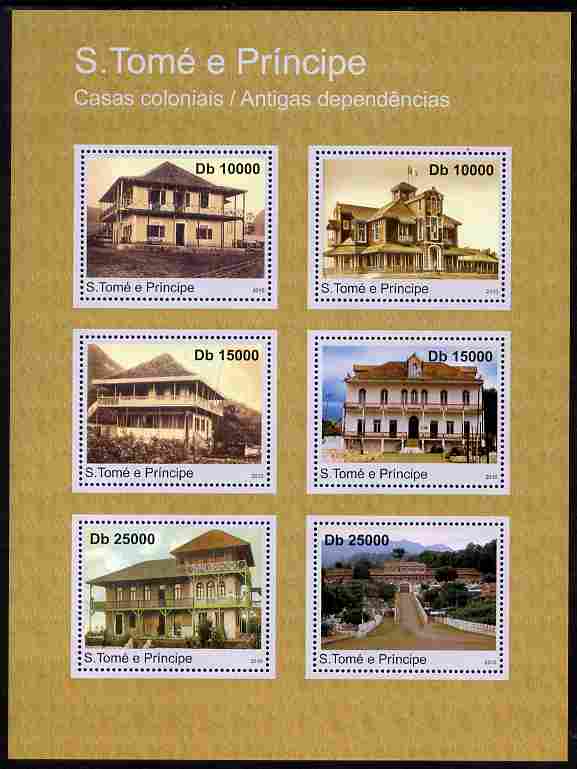 St Thomas & Prince Islands 2010 Homes of Settlers perf sheetlet containing 6 values unmounted mint , stamps on houses