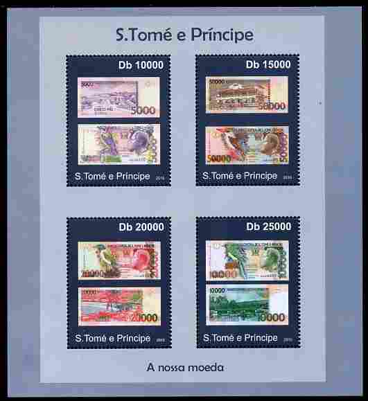 St Thomas & Prince Islands 2010 Currency ofSt Thomas - Banknotes perf sheetlet containing 4 values unmounted mint , stamps on coins, stamps on money