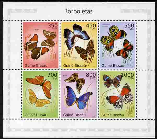 Guinea - Bissau 2010 Butterflies perf sheetlet containing 6 values unmounted mint , stamps on insects, stamps on butterflies