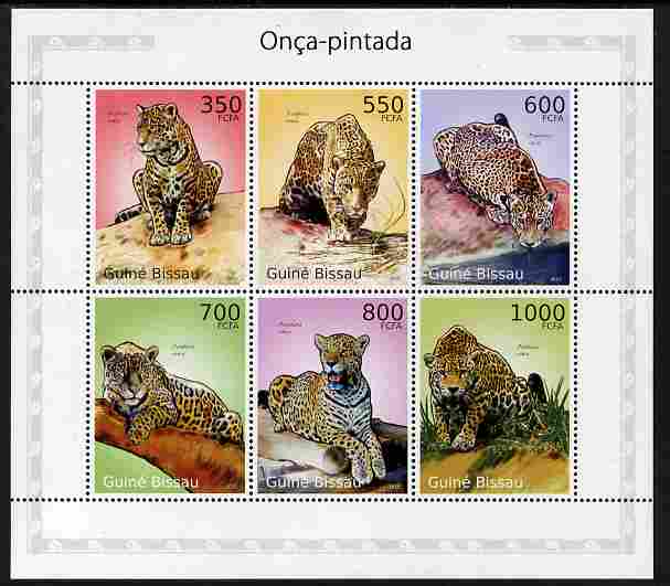 Guinea - Bissau 2010 Jaguars perf sheetlet containing 6 values unmounted mint , stamps on animals, stamps on cats