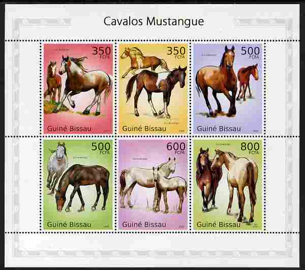Guinea - Bissau 2010 Mustangs perf sheetlet containing 6 values unmounted mint , stamps on animals, stamps on horses