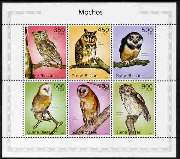Guinea - Bissau 2010 Owls perf sheetlet containing 6 values unmounted mint , stamps on birds, stamps on birds of prey, stamps on owls