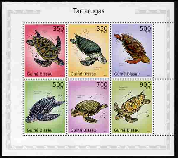Guinea - Bissau 2010 Turtles perf sheetlet containing 6 values unmounted mint , stamps on reptiles, stamps on turtles