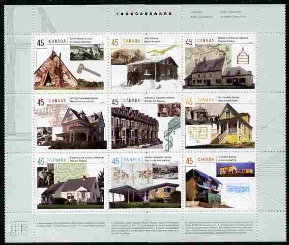 Canada 1998 Canadian Houses perf sheetlet containing 9 values unmounted mint (plus descriptive labels in both languages folled under along perforations) SG 1826a, stamps on housing