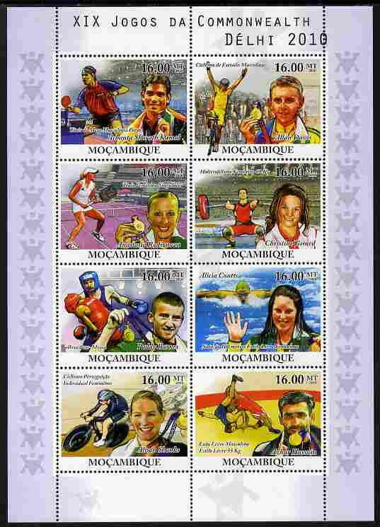 Mozambique 2010 Commonwealth Games perf sheetlet containing 8 values unmounted mint , stamps on sport, stamps on bicycles, stamps on tennis, stamps on table tennis, stamps on bicycles, stamps on swimming, stamps on weights, stamps on weight lifting, stamps on boxing, stamps on wrestling