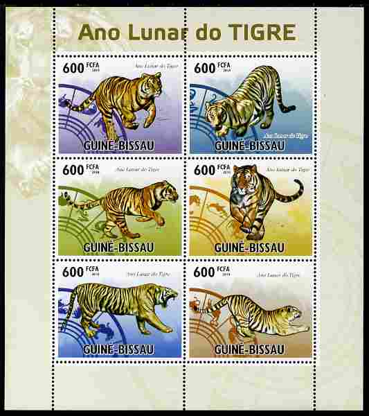 Guinea - Bissau 2010 Chinese New Year - Year of the Tiger perf sheetlet containing 6 values unmounted mint , stamps on tigers, stamps on lunar, stamps on cats, stamps on lunar, stamps on lunar new year
