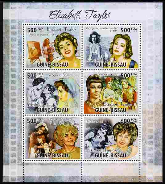 Guinea - Bissau 2010 Elizabeth Taylor perf sheetlet containing 6 values unmounted mint , stamps on personalities, stamps on women, stamps on movies, stamps on cinema, stamps on films, stamps on 