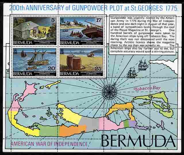 Bermuda 1975 Bicentenary of St Georges Gunpowder Plot perf m/sheet unmounted mint, SG MS 339, stamps on maps, stamps on ships