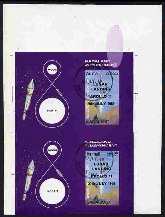 Nagaland 1969 The Moon programme 1ch25 m/sheet opt'd 'Lunar Landing Apollo 11' imperf uncut proof pair with large ink spill in top margin unmounted mint, stamps on , stamps on  stamps on space, stamps on  stamps on apollo, stamps on  stamps on rockets