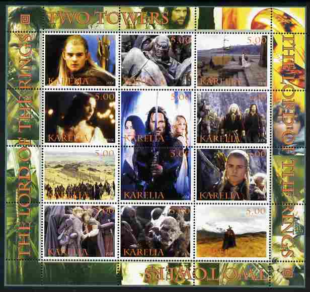 Karelia Republic 2004 Lord of the Rings - Two Towers #2      perf sheetlet containing 12 values unmounted mint, stamps on films, stamps on movies, stamps on literature, stamps on fantasy, stamps on entertainments, stamps on 
