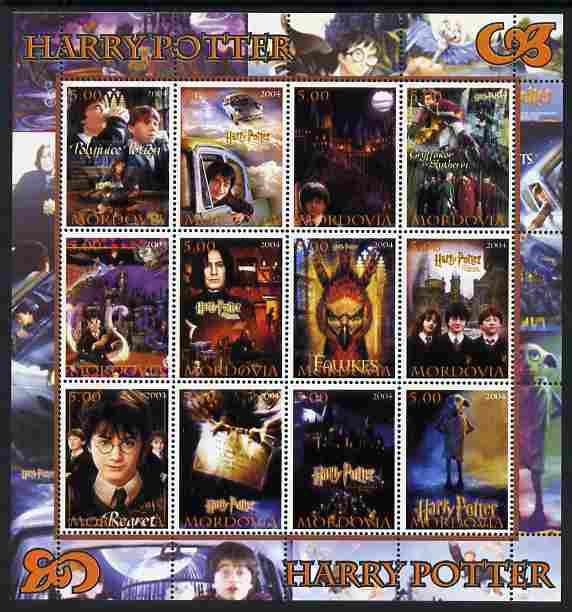 Mordovia Republic 2004 Harry Potter perf sheetlet #2 containing set of 12 values unmounted mint, stamps on films, stamps on movies, stamps on literature, stamps on children, stamps on entertainments, stamps on fantasy