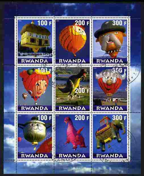Rwanda 2000 Balloons perf sheetlet containing 9 values fine cto used, stamps on transport, stamps on aviation, stamps on balloons
