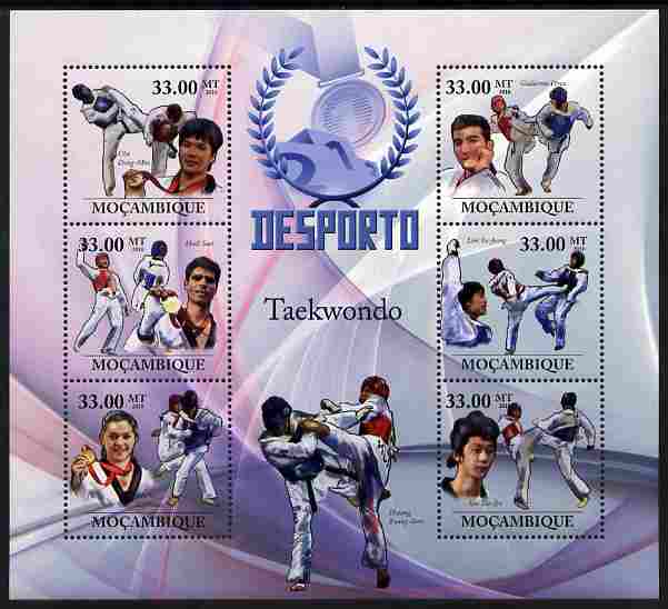 Mozambique 2010 Sport - Taekwondo large perf sheetlet containing 6 values unmounted mint, stamps on personalities, stamps on sport, stamps on taekwondo, stamps on martial arts