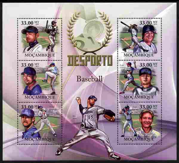 Mozambique 2010 Sport - Baseball large perf sheetlet containing 6 values unmounted mint, stamps on personalities, stamps on sport, stamps on baseball
