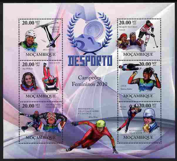 Mozambique 2010 Sport - Winter Games - Women large perf sheetlet containing 6 values unmounted mint, stamps on personalities, stamps on sport, stamps on ice hockey, stamps on skiing, stamps on luge, stamps on skating, stamps on ice skating, stamps on 