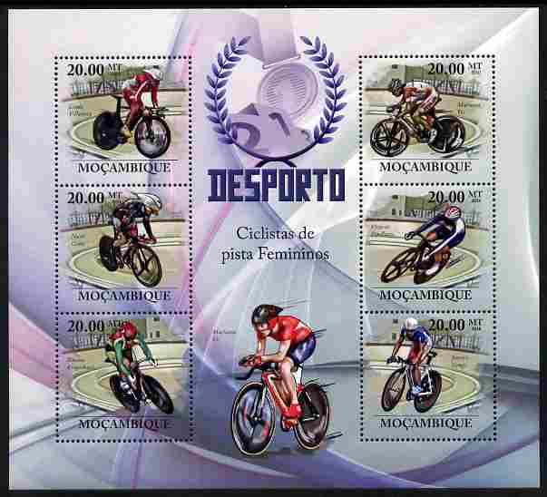 Mozambique 2010 Sport - Track Racing large perf sheetlet containing 6 values unmounted mint, stamps on personalities, stamps on sport, stamps on bicycles
