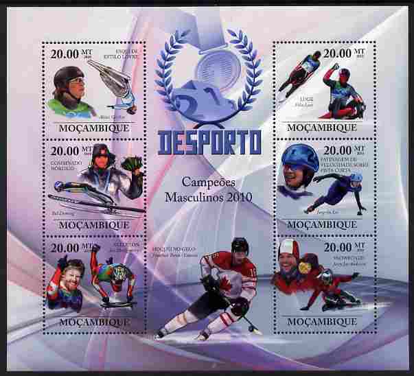Mozambique 2010 Sport - Winter Games - Men large perf sheetlet containing 6 values unmounted mint, stamps on personalities, stamps on sport, stamps on skiing, stamps on luge, stamps on skating, stamps on ice skating, stamps on 