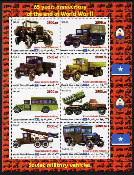 Maakhir State of Somalia 2010  65th Anniversary of the end of World War II #2 - Cars & Trucks perf sheetlet containing 8 values unmounted mint , stamps on cars, stamps on trucks, stamps on  ww2 , stamps on transport
