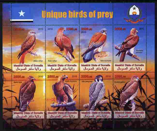 Maakhir State of Somalia 2010 Unique Birds of Prey perf sheetlet containing 8 values unmounted mint , stamps on birds, stamps on birds of prey, stamps on falcons