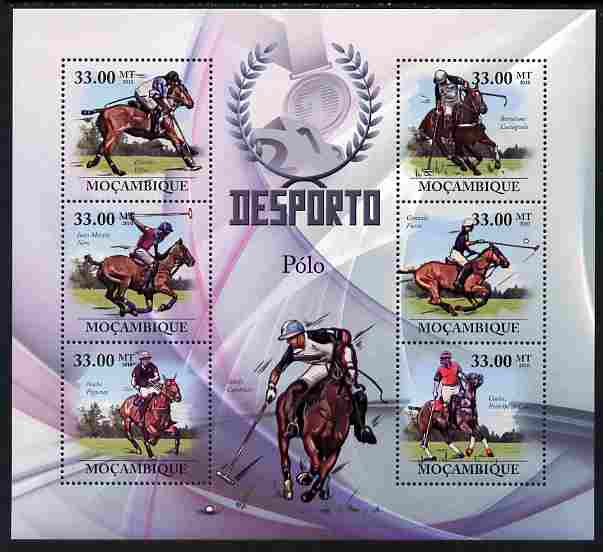 Mozambique 2010 Sport - Polo large perf sheetlet containing 6 values unmounted mint, Scott #2004, stamps on sport, stamps on polo, stamps on horses