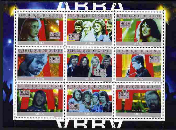 Guinea - Conakry 2010 ABBA (pop group) perf sheetlet containing 9 values unmounted mint, Michel 7409-17, stamps on music, stamps on pops, stamps on rock, stamps on abba